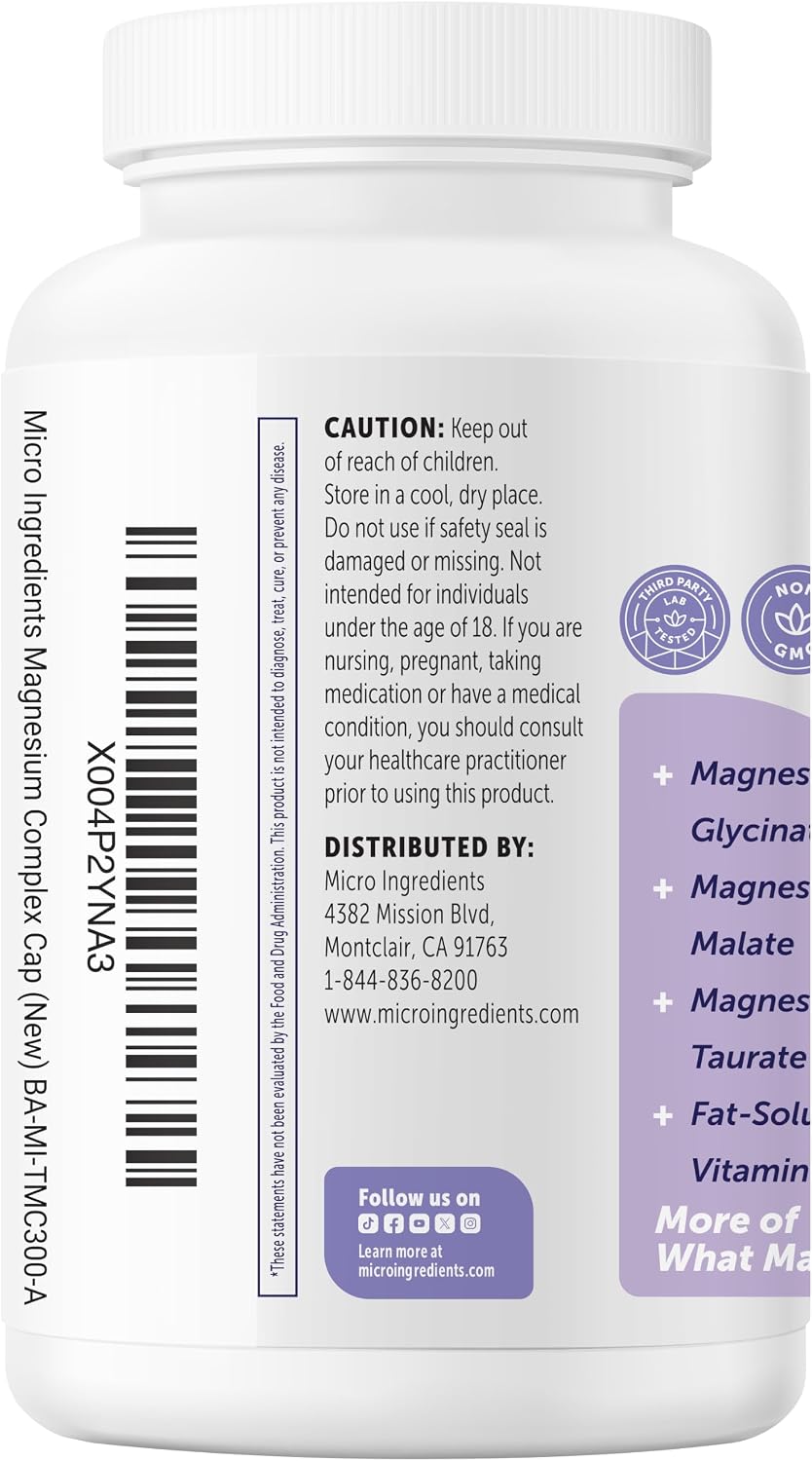 Micro Ingredients Pure Triple Magnesium Complex | 300 Capsules | 400mg Elemental Magnesium Per Serving | Chelated Glycinate, Taurate, Magnesium Malate, Vitamin C | Filler Free - Image 10