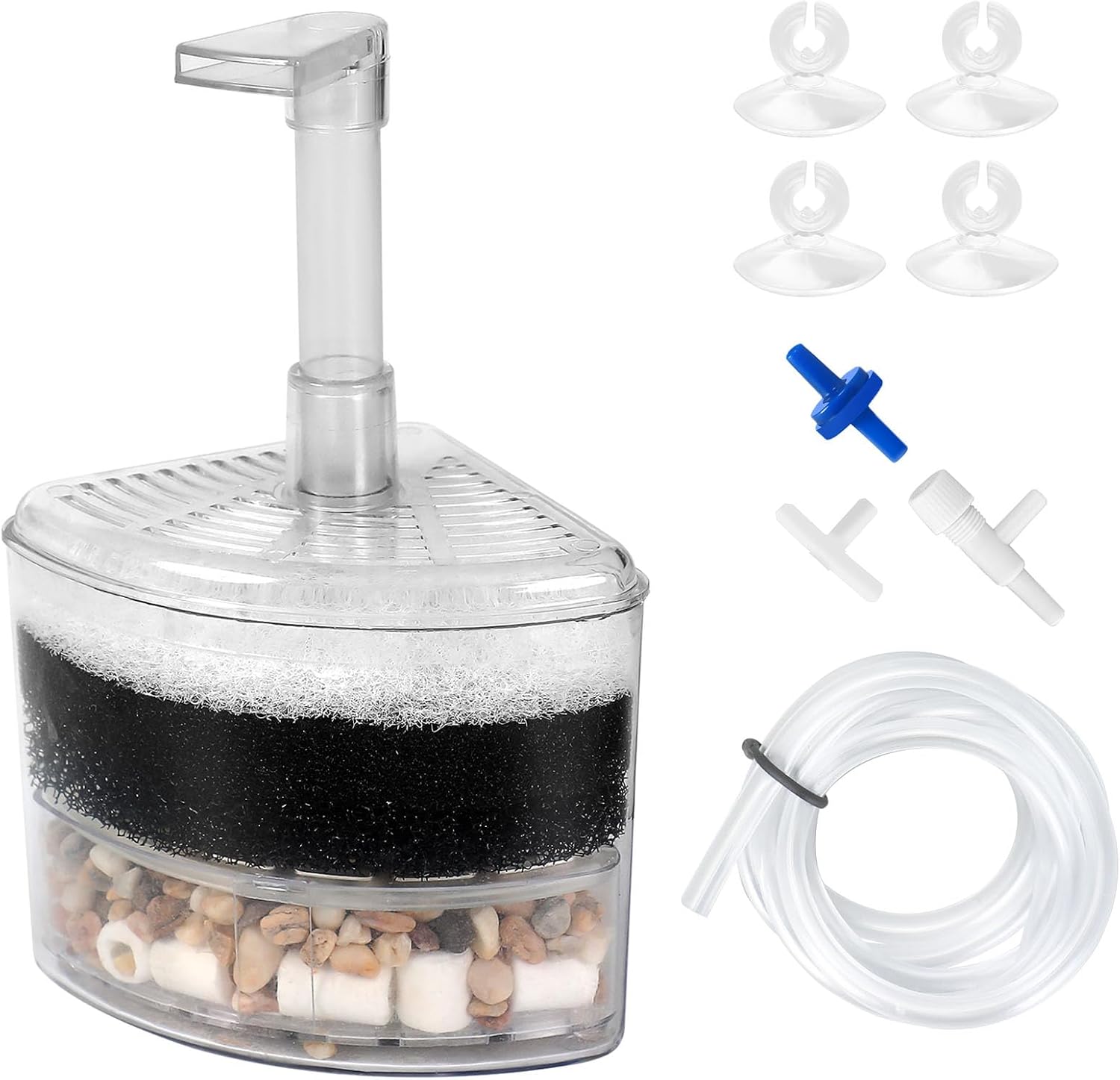 AQUANEAT aquarium air driven corner sponge filter front view in nano fish tank