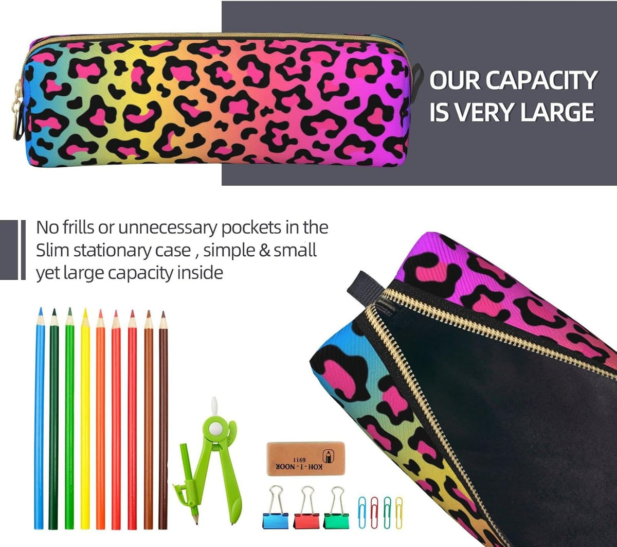 IMPCOKRU rainbow leopard travel pouch filled with pens