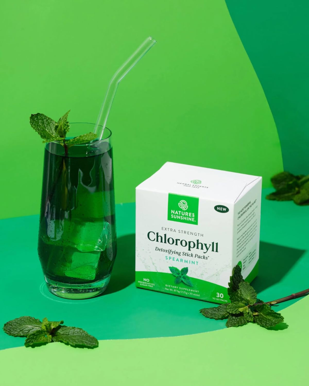 Nature's Sunshine Chlorophyll powder stick packs nutritional info label