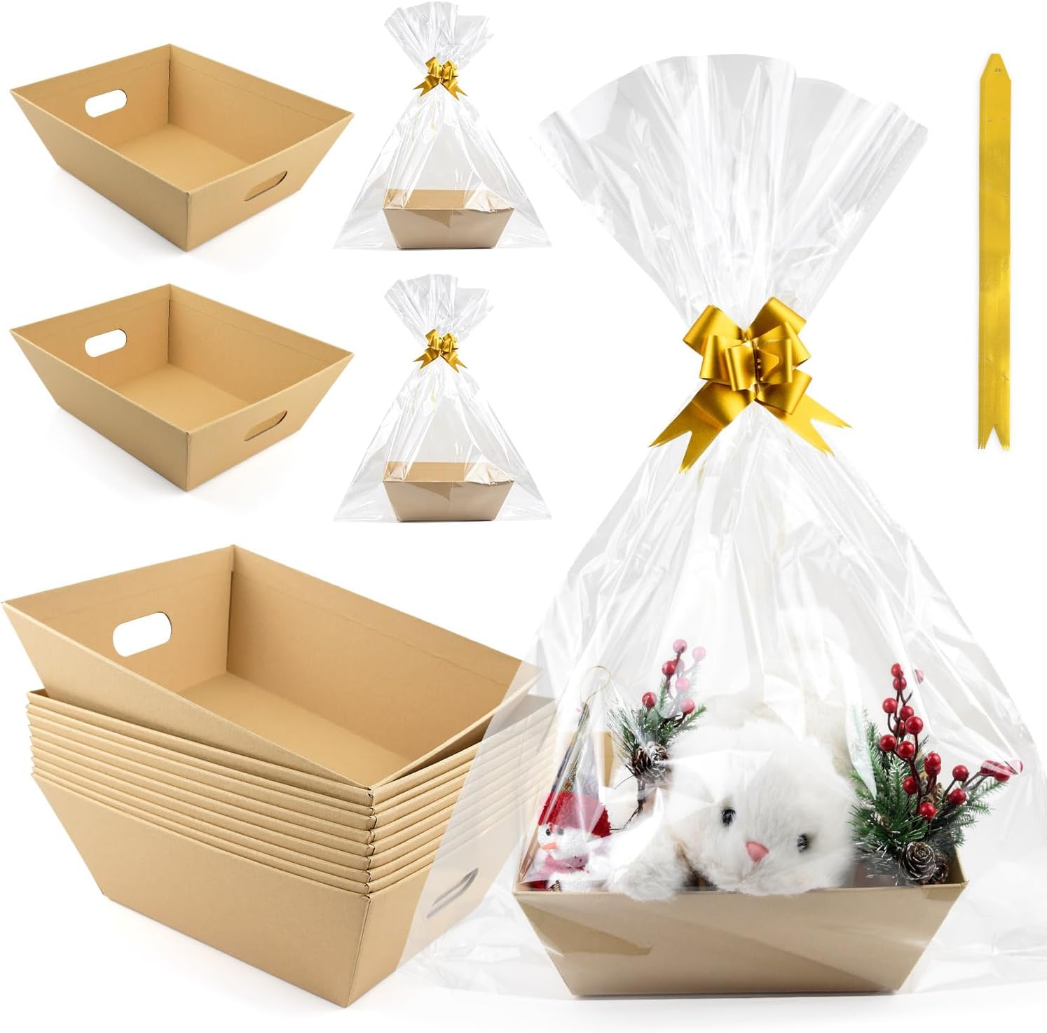 AKOBEARLA 10 pack empty gift basket set front view featuring premium kraft market trays with clear bags and gold bows.