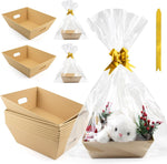 AKOBEARLA 10 pack empty gift basket set front view featuring premium kraft market trays with clear bags and gold bows.
