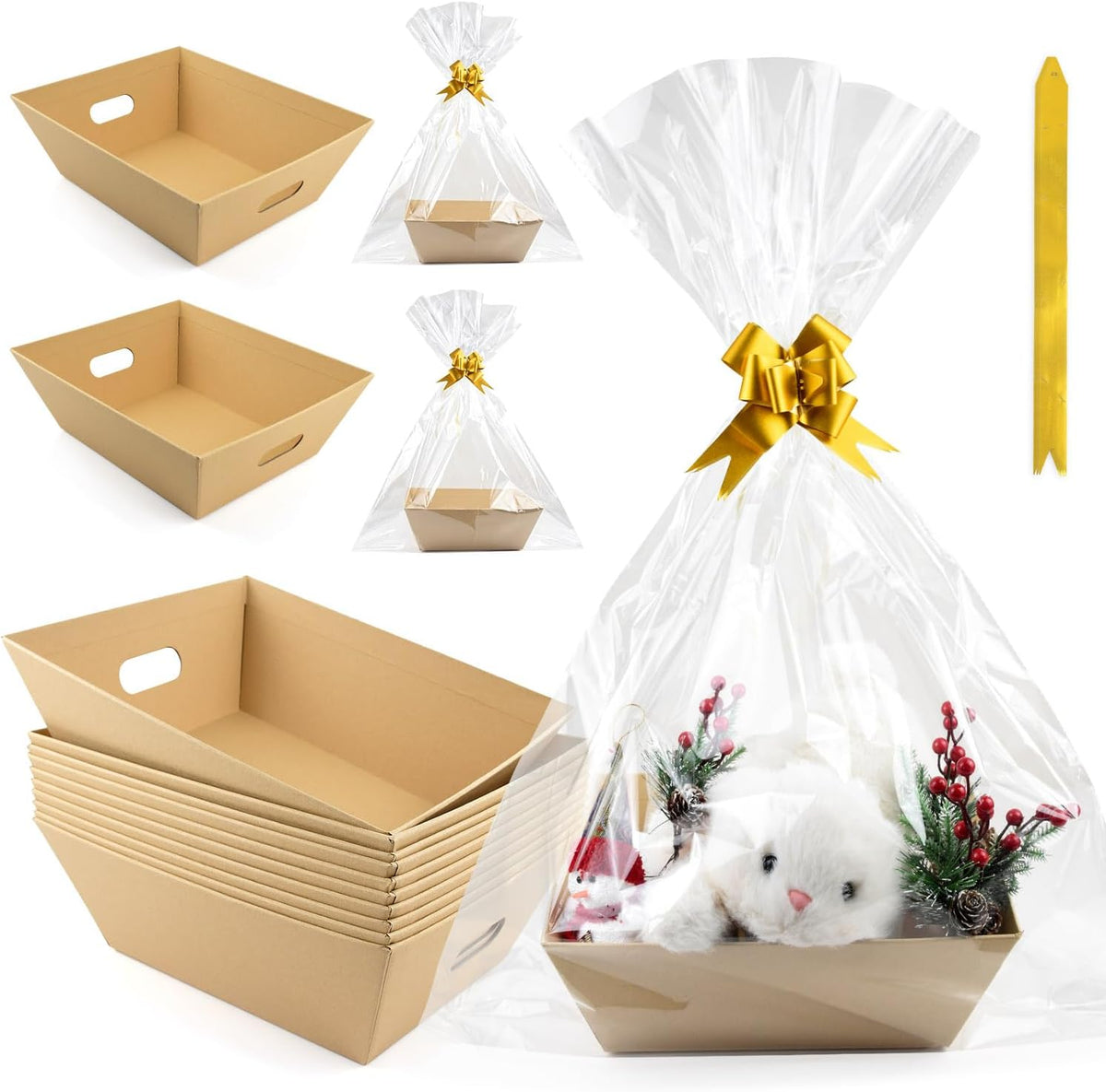 AKOBEARLA 10 pack empty gift basket set front view featuring premium kraft market trays with clear bags and gold bows.