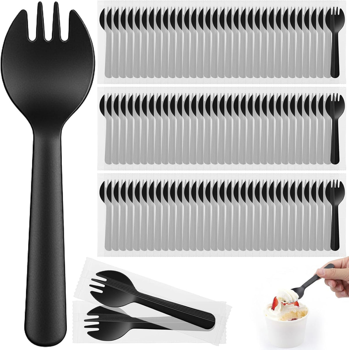 Yuanan disposable plastic sporks front view showing bulk quantity pack of black utensils