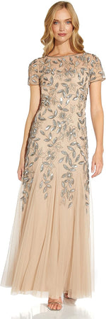 Adrianna Papell floral beaded godet gown front view