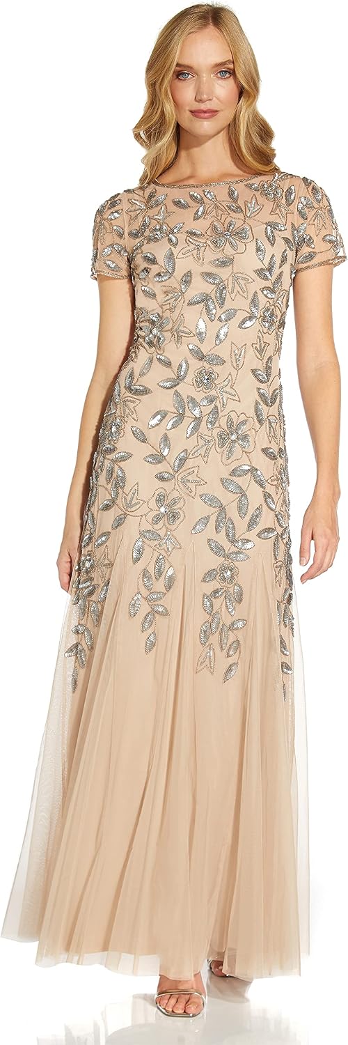 Adrianna Papell floral beaded godet gown front view