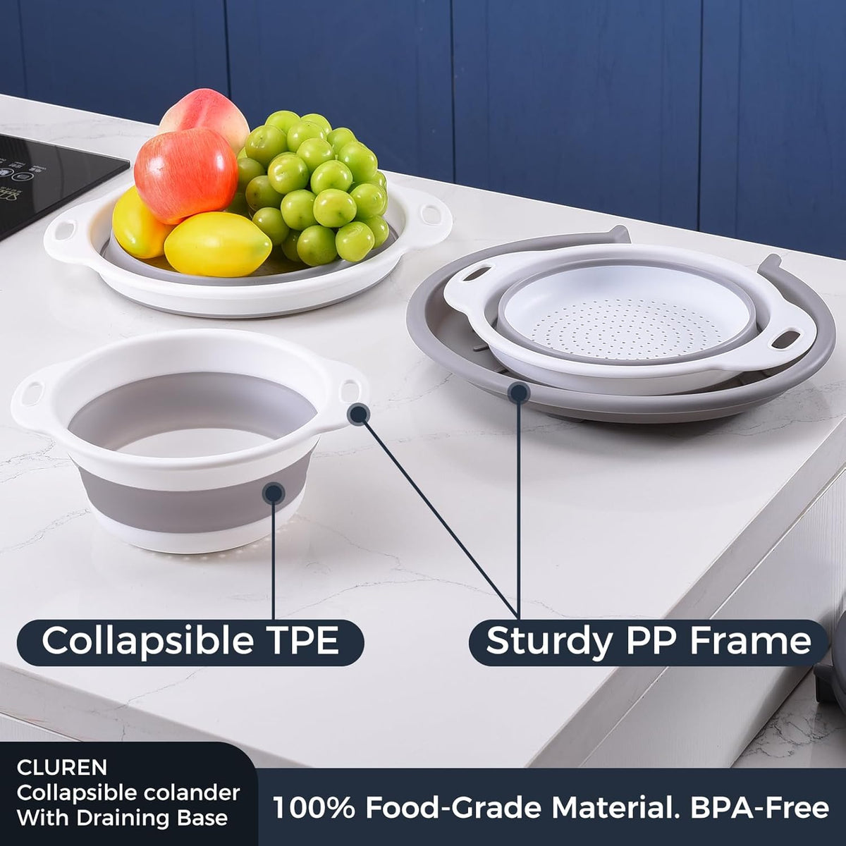 Cluren colander set expanded to full height while resting on the sloped drip base.