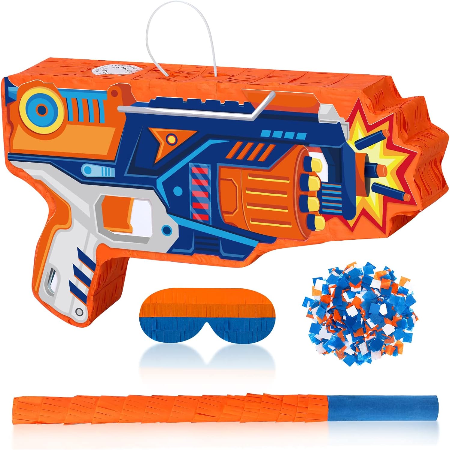 Toy Gun PiÃ±ata Large Dart Theme Party Supplies Gun Shape PiÃ±ata with Stick Blindfold Confetti Pack Dart PiÃ±ata for Boys Girls Birthday Party Game Favors Decor 17x10 Inch - Image 1