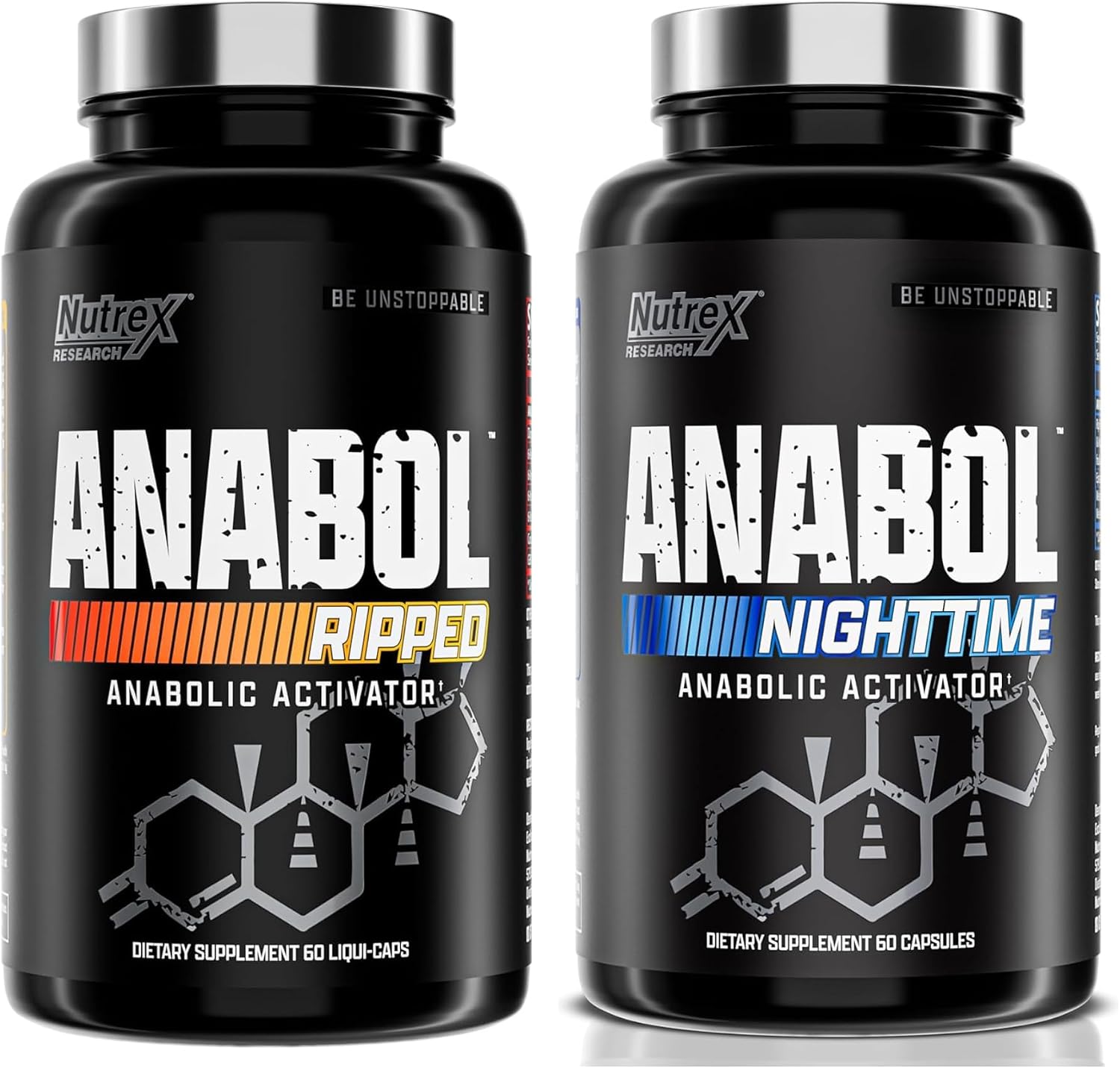 Nutrex Research Anabol Ripped and Nighttime PM Combo front view supplement bottles