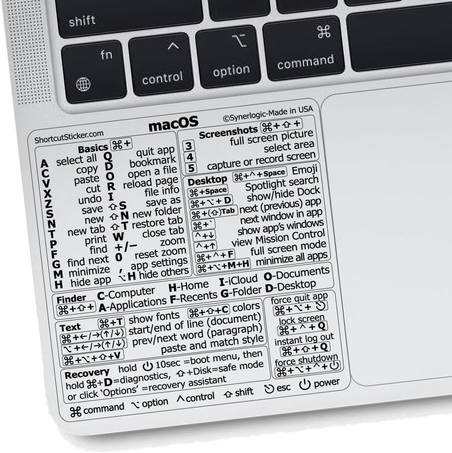 Synerlogic Mac OS keyboard shortcuts clear sticker front view on laptop palm rest