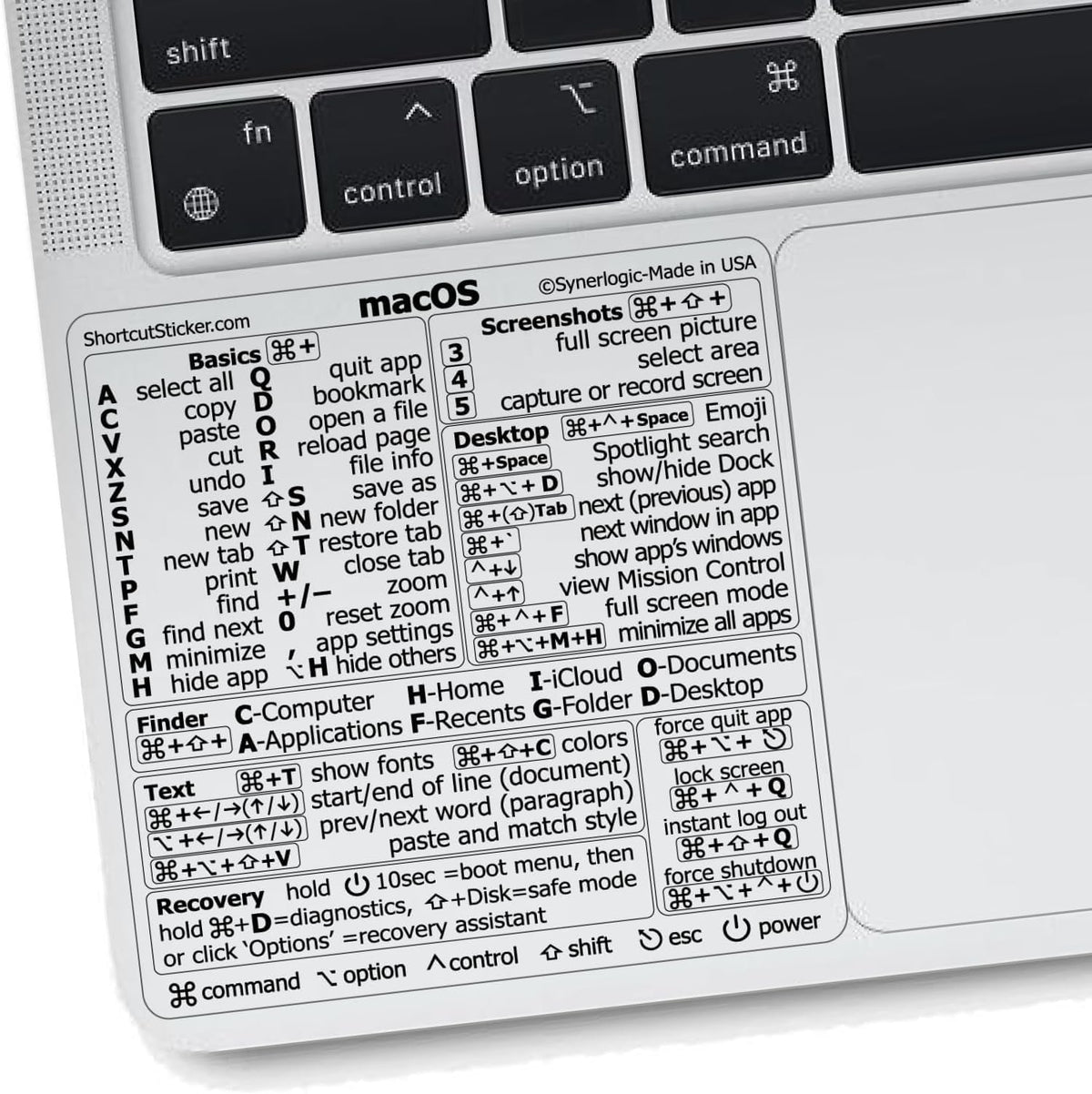 Synerlogic Mac OS keyboard shortcuts clear sticker front view on laptop palm rest