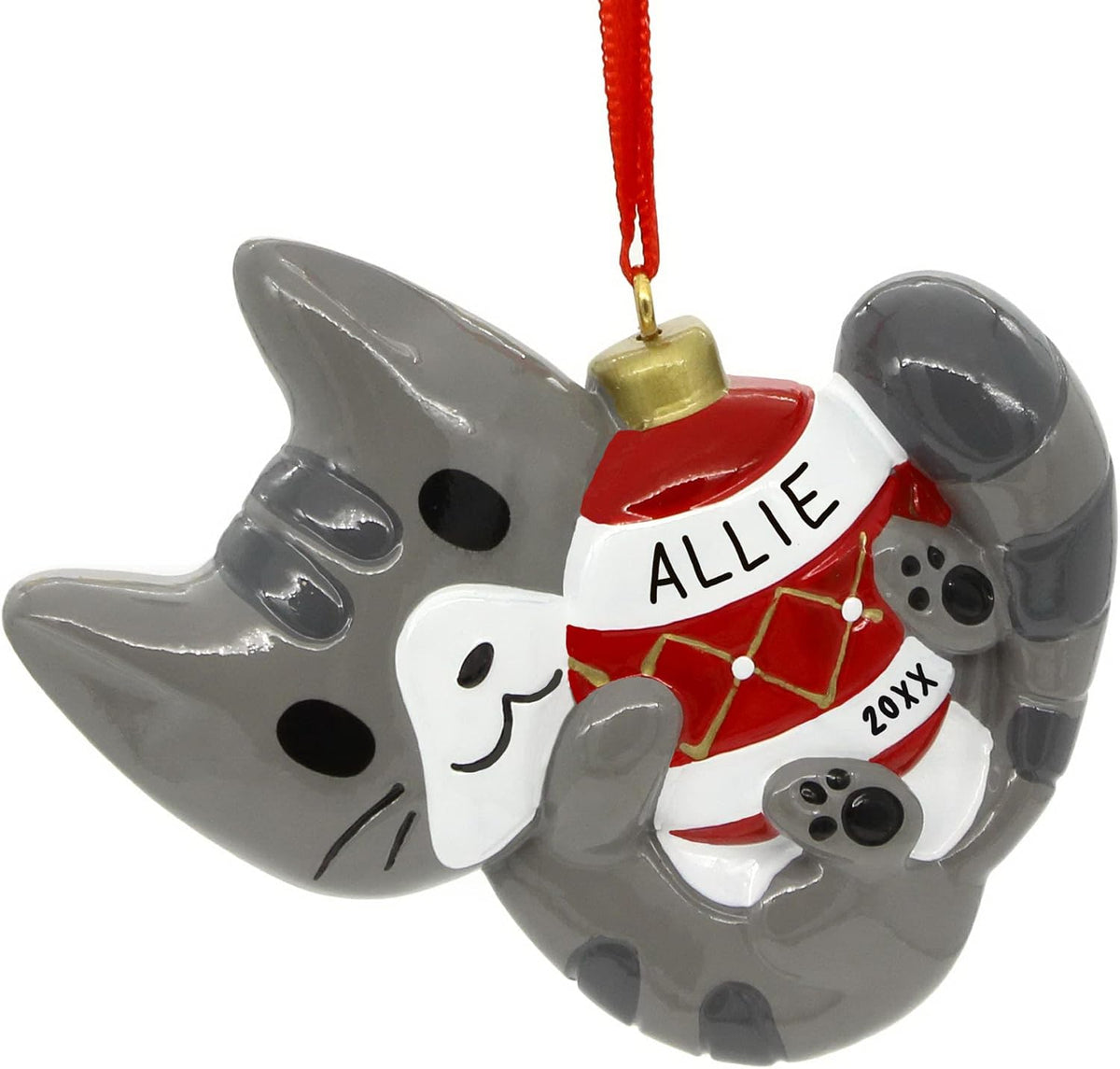Dibsies personalized tree decoration showing hanging ribbon loop