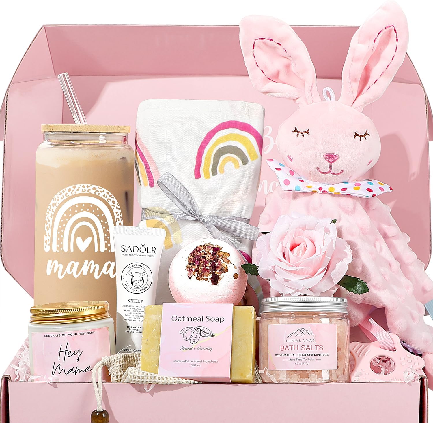 iAOVUEBY new mom gifts and baby girl gift basket front view showing full ten piece package contents
