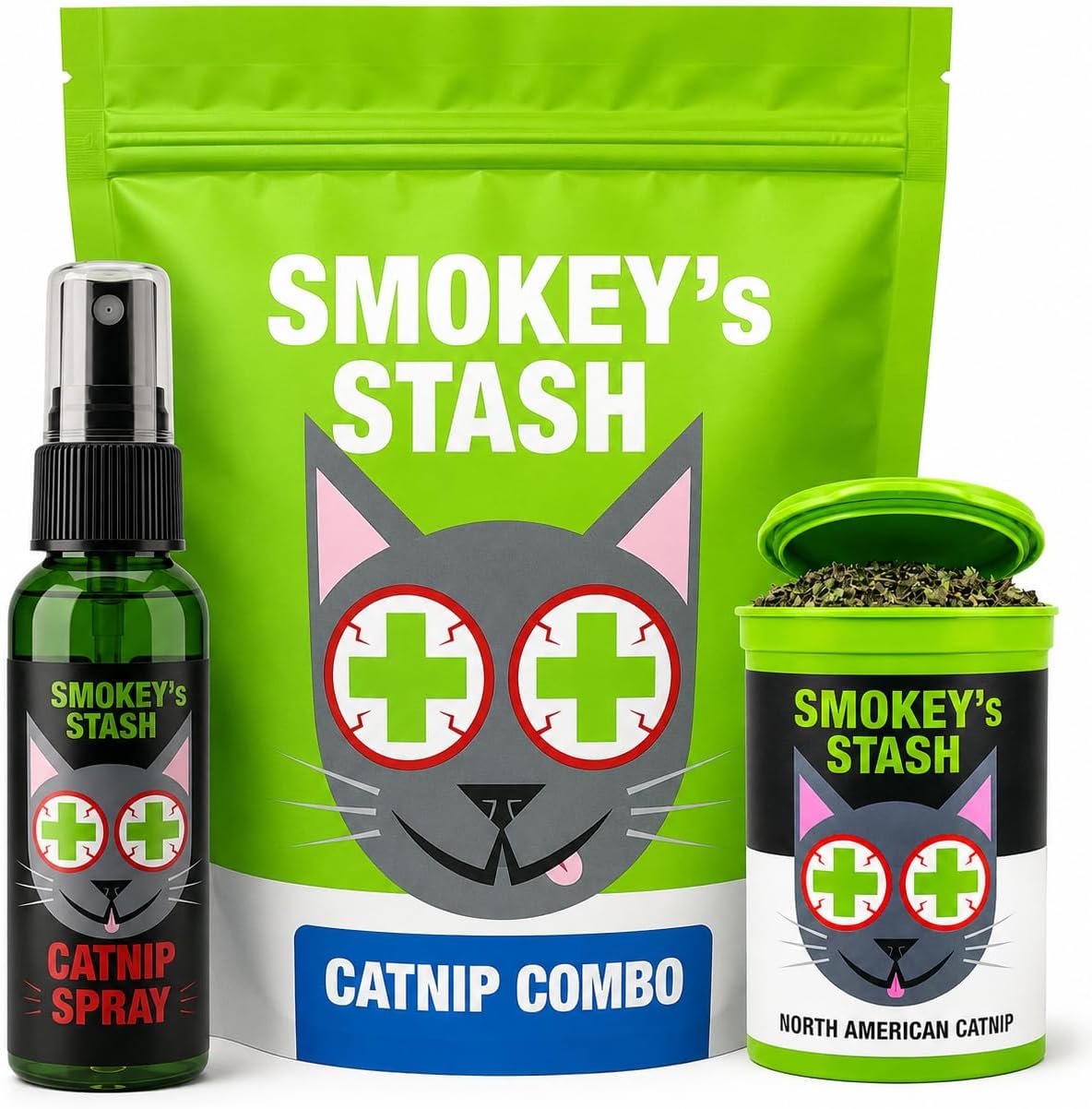 Smokey's Stash Catnip Spray and Dried Catnip Bundle front view showcasing the two fluid ounce bottle and pop-top can