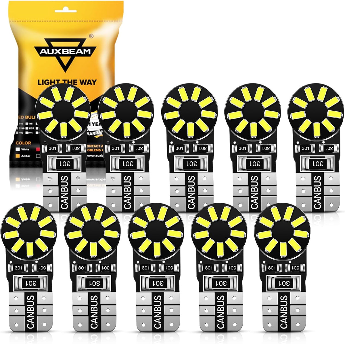 Auxbeam 194 T10 LED Light Bulbs front view ten piece pack showcasing 3014 SMD chips