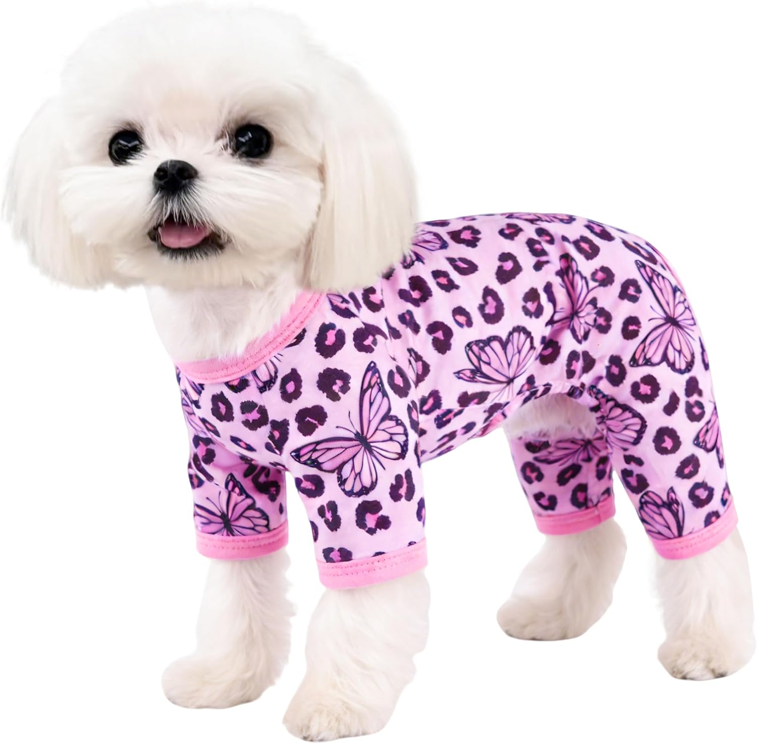 Tochibabe Dog Pajamas front view pink leopard puppy onesie for small dogs