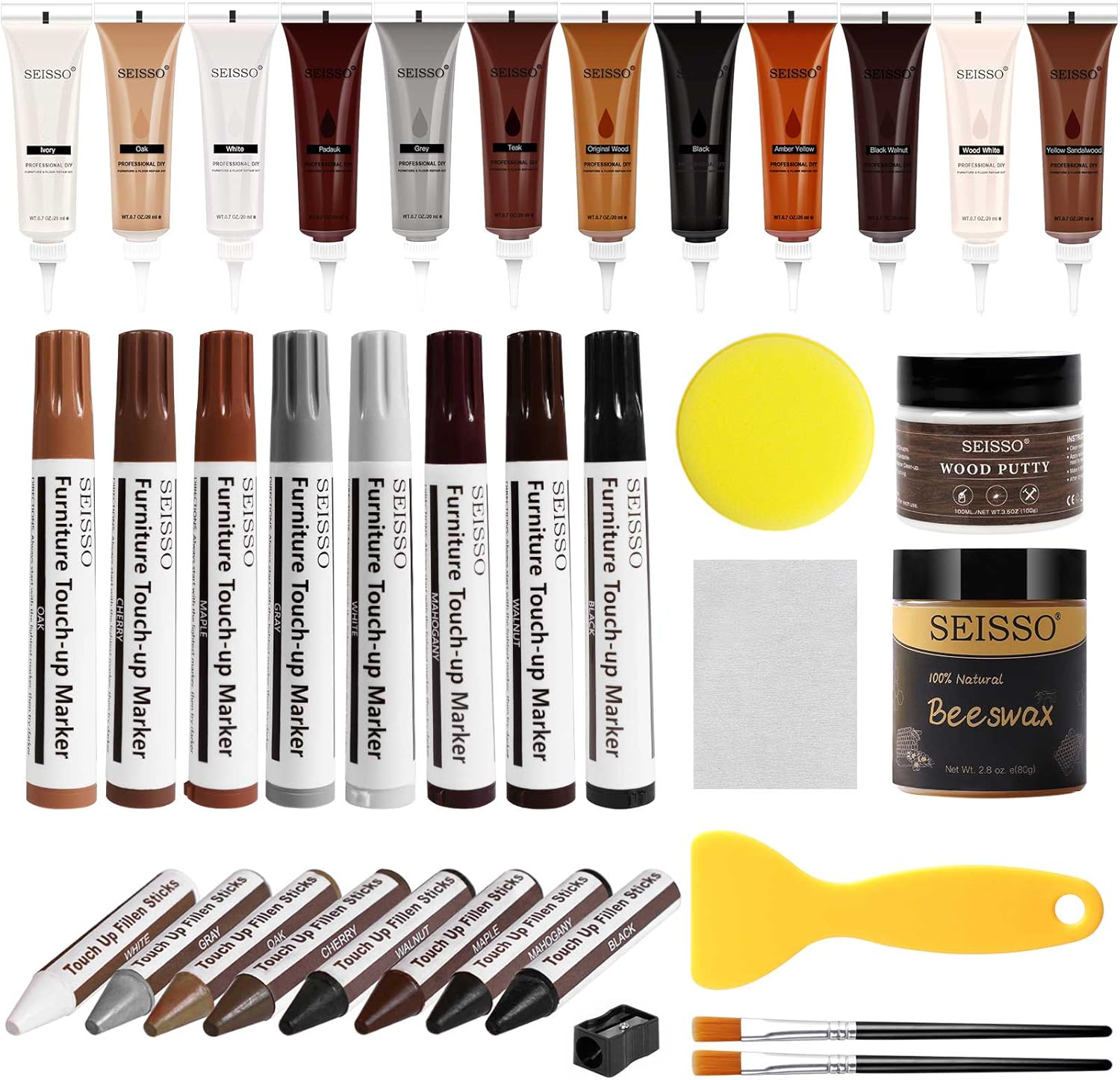 SEISSO Wood Furniture Repair Kit front view showcasing 12 color fillers and markers for DIY restoration.