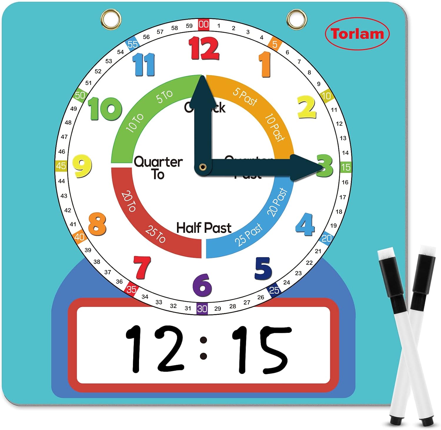Torlam magnetic dry erase learning clock front view showing analog face and digital time writing section