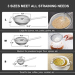 Walfos stainless steel strainers showing three different sizes