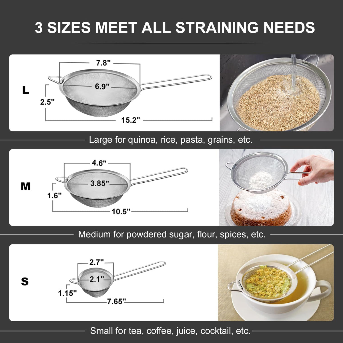 Walfos stainless steel strainers showing three different sizes