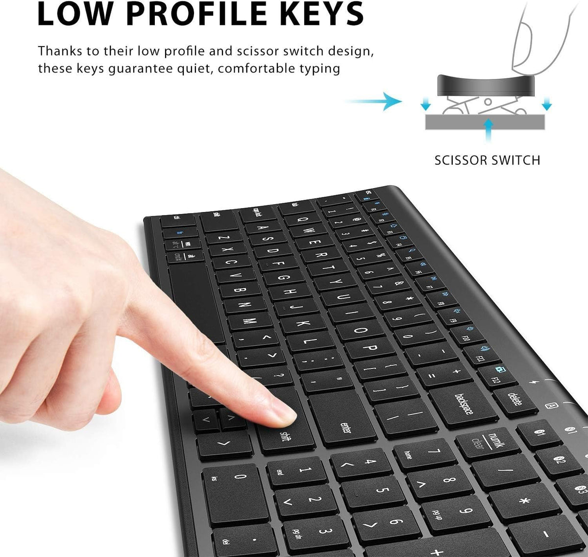 iClever wireless keyboard USB-C rechargeable port and power switch