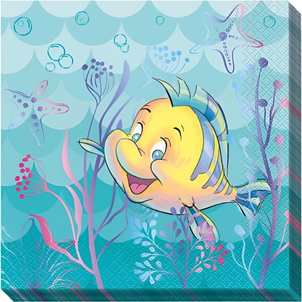 Unique Disney The Little Mermaid Luncheon Napkins front view of packaging featuring Ariel and Flounder design