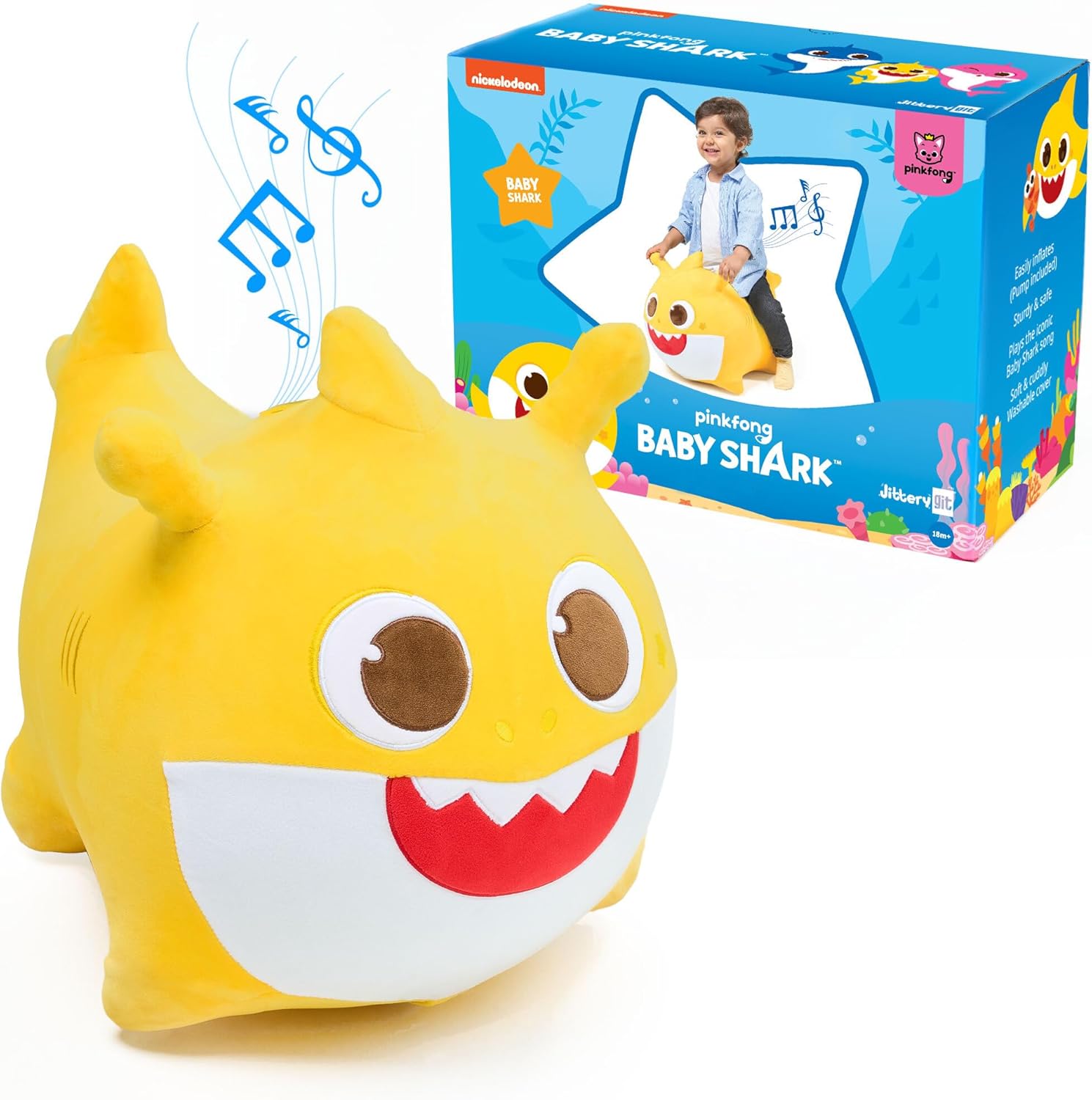 Jitterygit Baby Shark Official Bouncy Hopper Plush front view yellow inflatable ride on toy for toddlers.