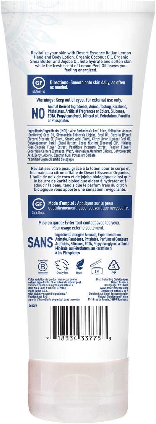 Desert Essence Italian lemon hand and body lotion dispensing onto hand