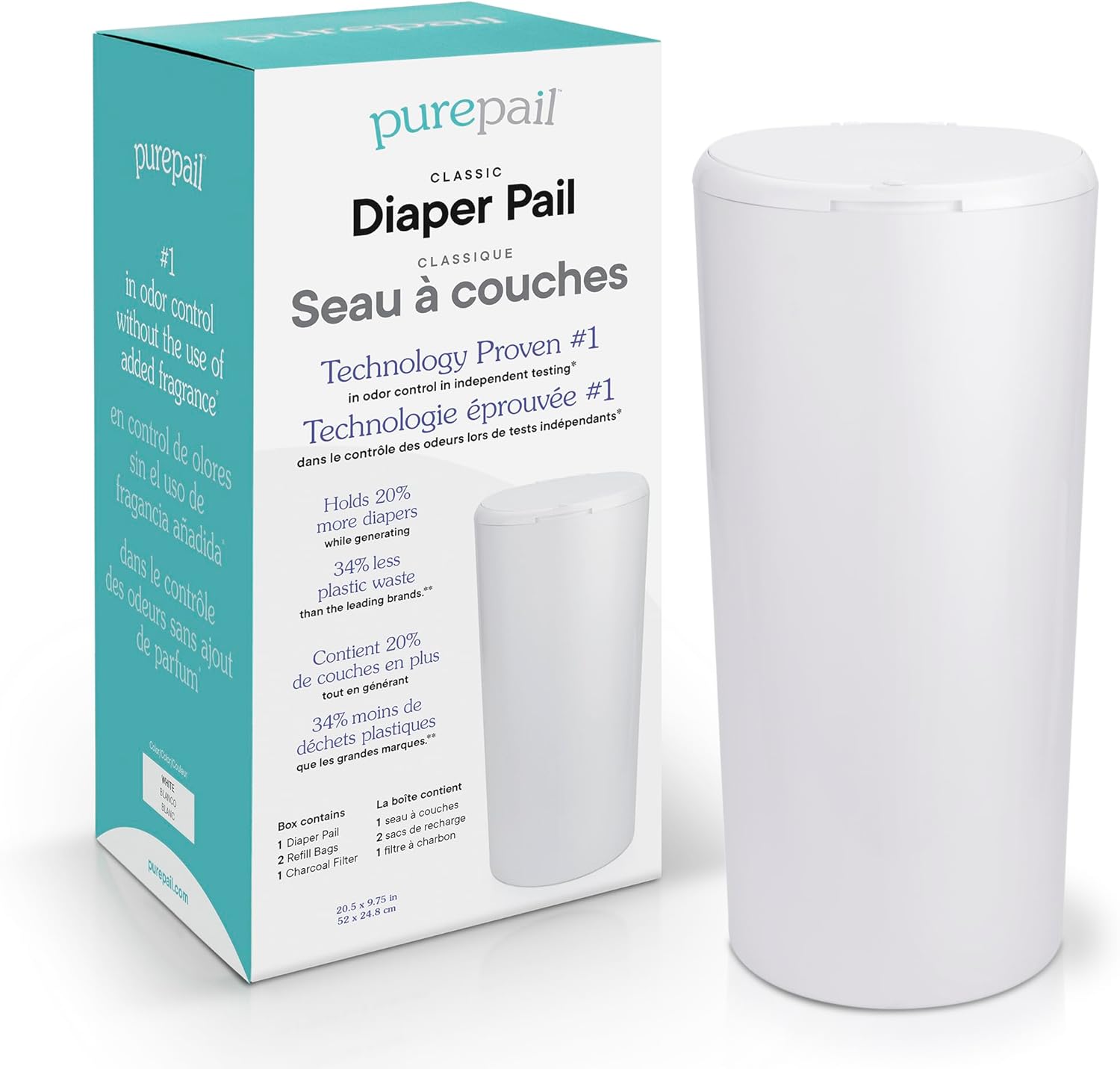 PurePail Classic Diaper Pail White front view for baby nursery