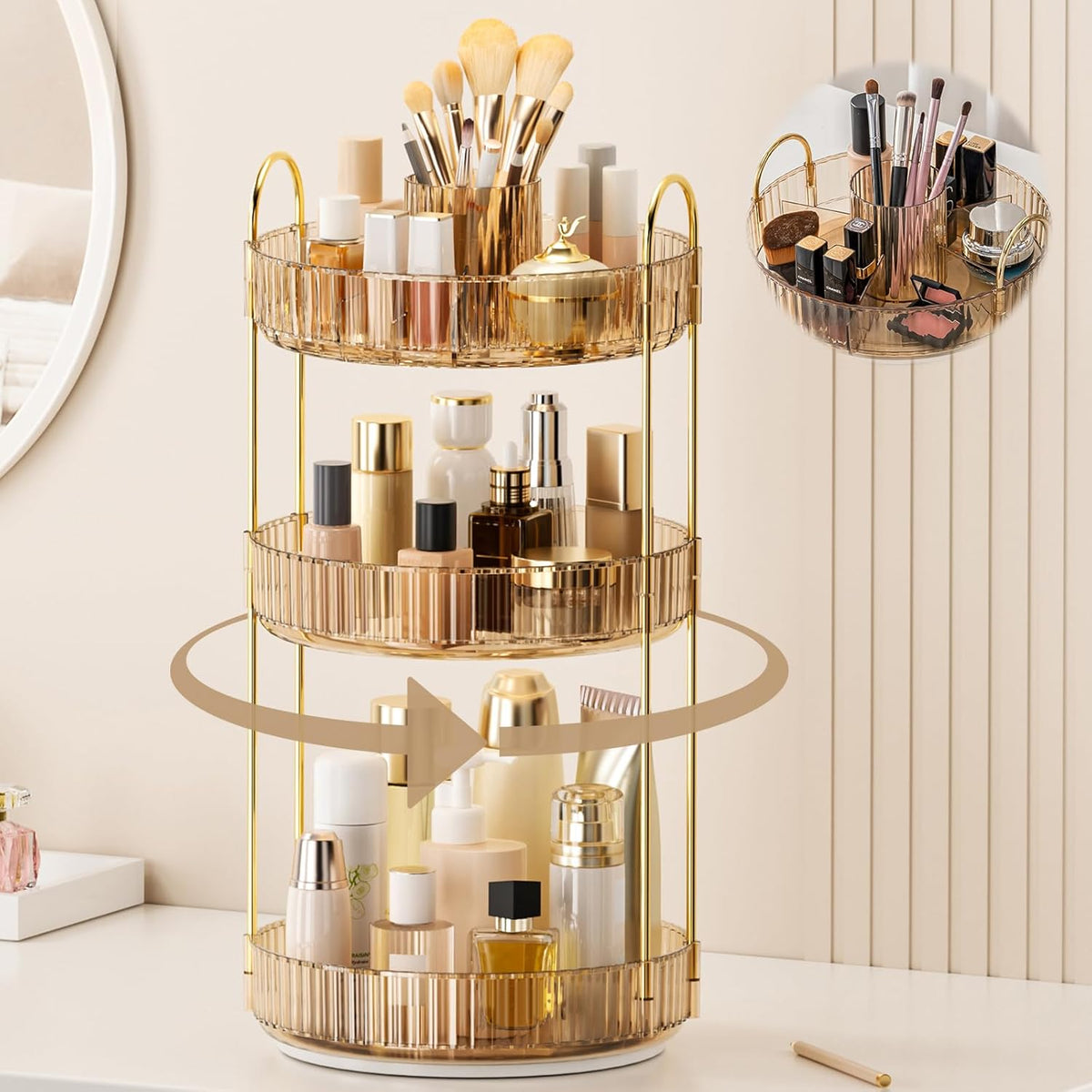 BEFSOP three tier rotating makeup organizer amber color front view on vanity countertop