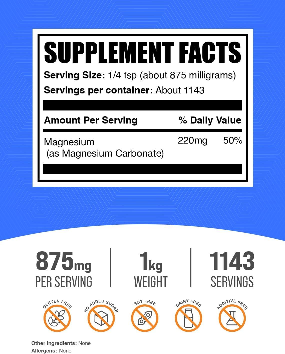 BulkSupplements Pure Magnesium Carbonate unflavored nutritional facts panel and dosage instructions