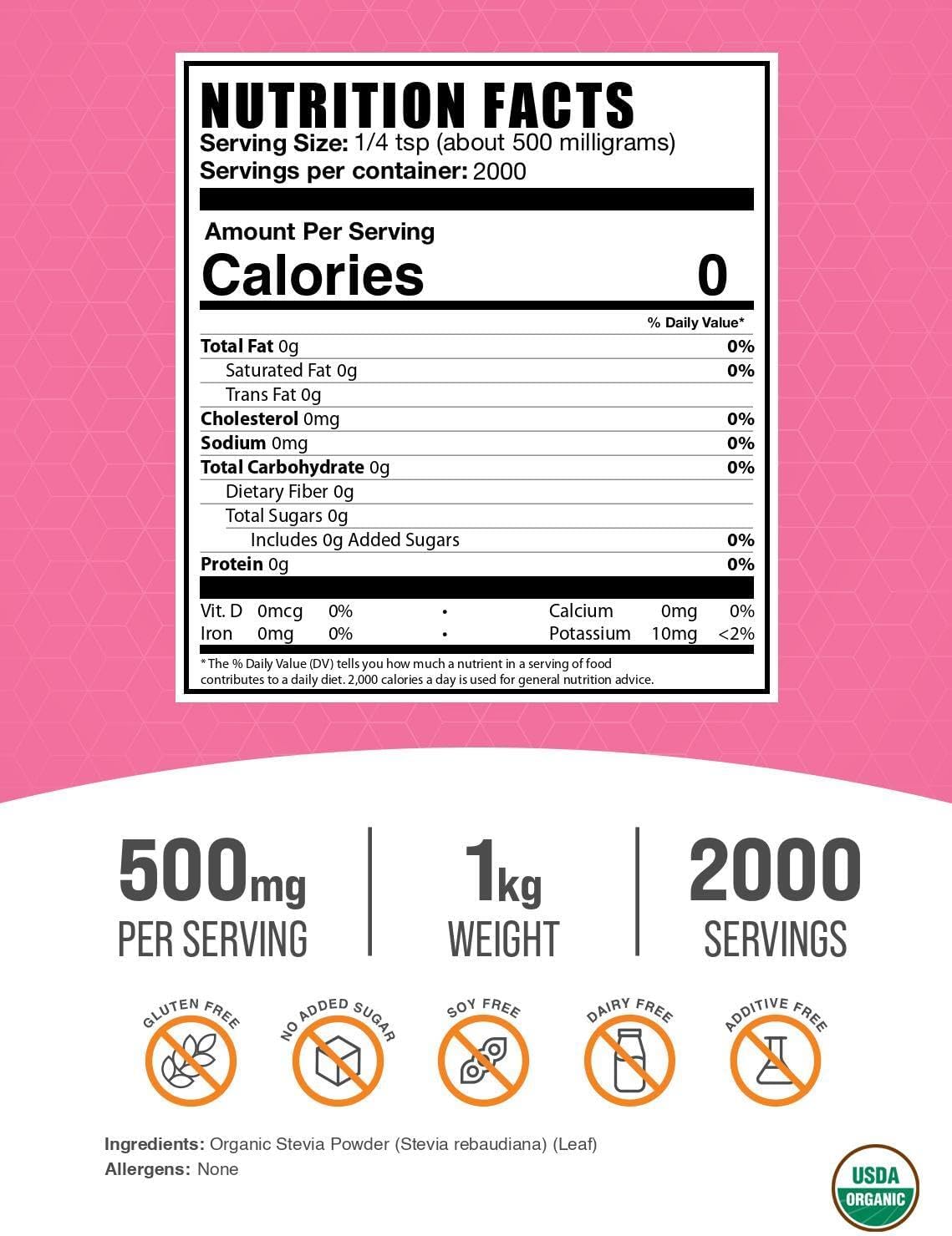 BulkSupplements pure stevia leaf powder packaging details