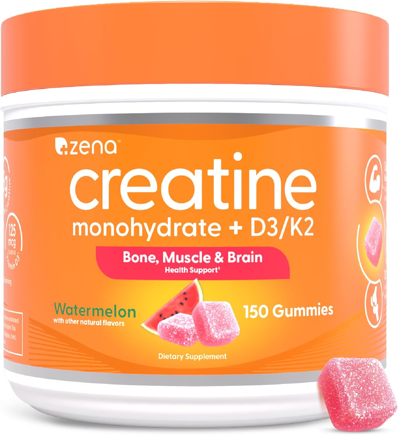 Zena Nutrition Creatine Gummies with D3 & K2, Creatine Monohydrate for Men and Women, Supports Bone, Muscle, & Cognitive Health, Gummy Workout Supplement, Watermelon Flavor, 150ct, 30 Daily Servings - Image 1