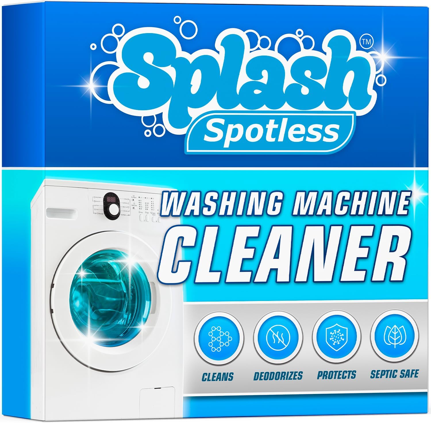 Splash Spotless Washing Machine Cleaner tablet front view for appliance maintenance.
