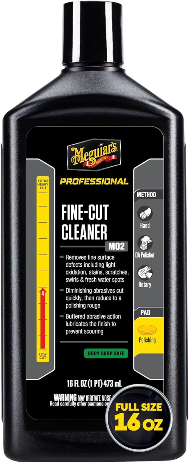 Meguiar's M0216 Mirror Glaze Fine Cut Cleaner 16 Ounce bottle front view showing professional grade car scratch remover packaging.