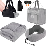 Travel Pillow and Blanket Set - Foot Hammock Rest Airplane Essentials, Pink | Memory Foam Neck Pillow Plane Foot Rest Airplane Accessories Essentials, Foldable Duffel Bag Eye Mask Earplugs for Comfort - Image 9