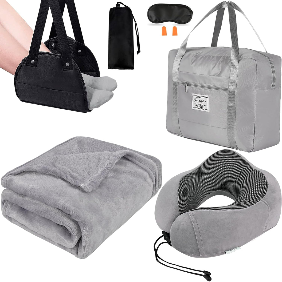 Travel Pillow and Blanket Set - Foot Hammock Rest Airplane Essentials, Pink | Memory Foam Neck Pillow Plane Foot Rest Airplane Accessories Essentials, Foldable Duffel Bag Eye Mask Earplugs for Comfort - Image 9