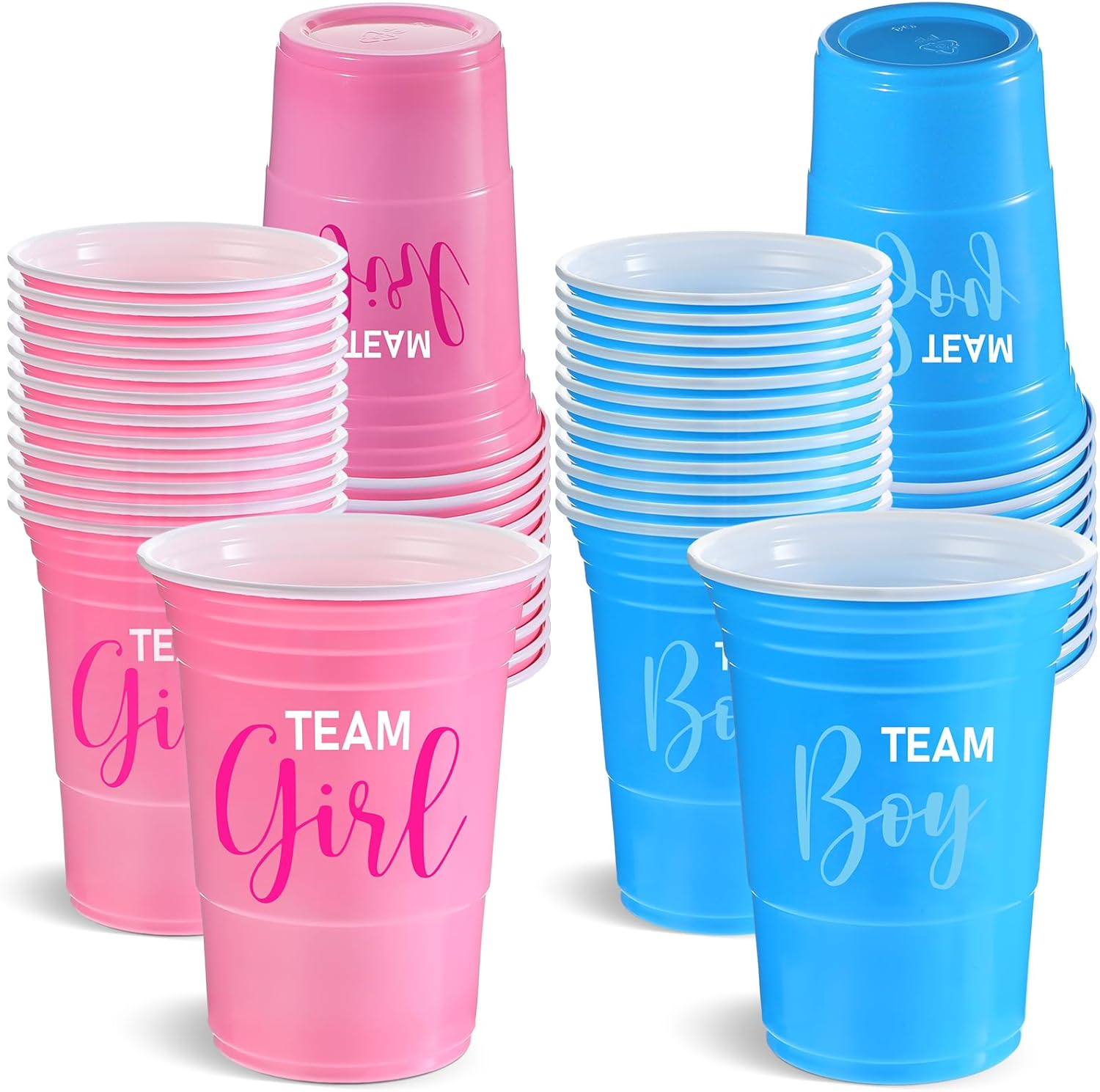 Norme gender reveal plastic cups front view with Team Boy and Team Girl designs.