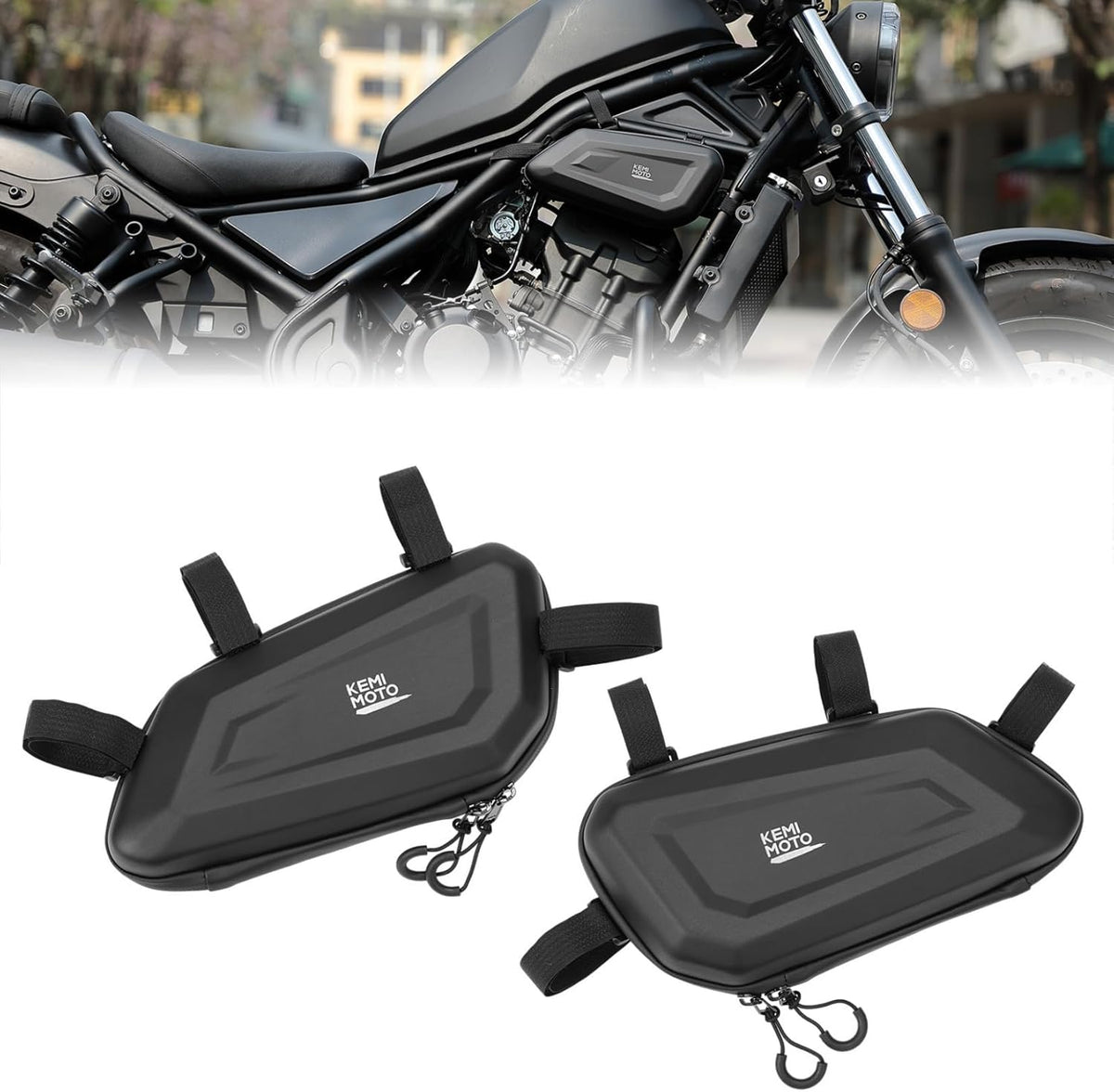 KEMIMOTO motorcycle side bag front view showcasing the black matte hard shell exterior with carbon pattern finish.