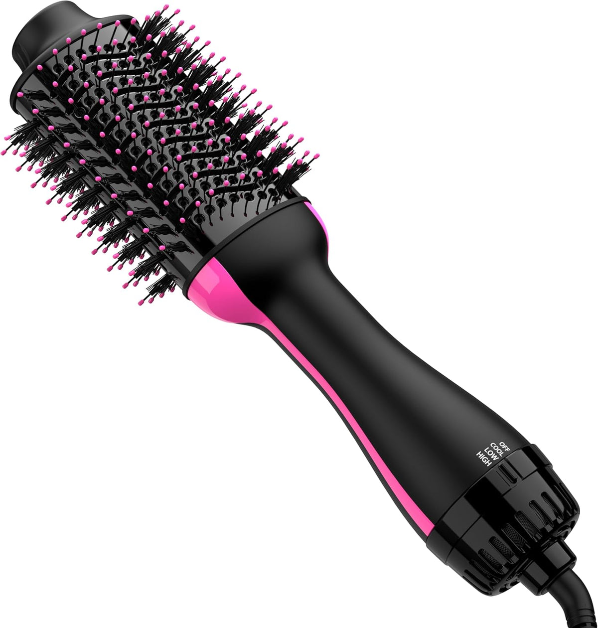 Umeely Hair Dryer Brush front view showcasing the black and pink ceramic titanium barrel