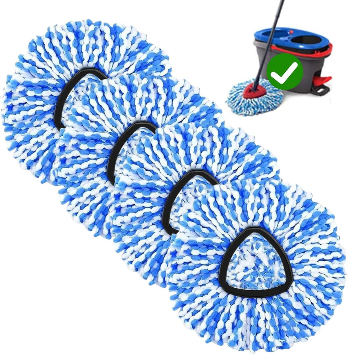 Fookcian 4 pack spin mop replacement head front view showing blue and white microfiber strands.