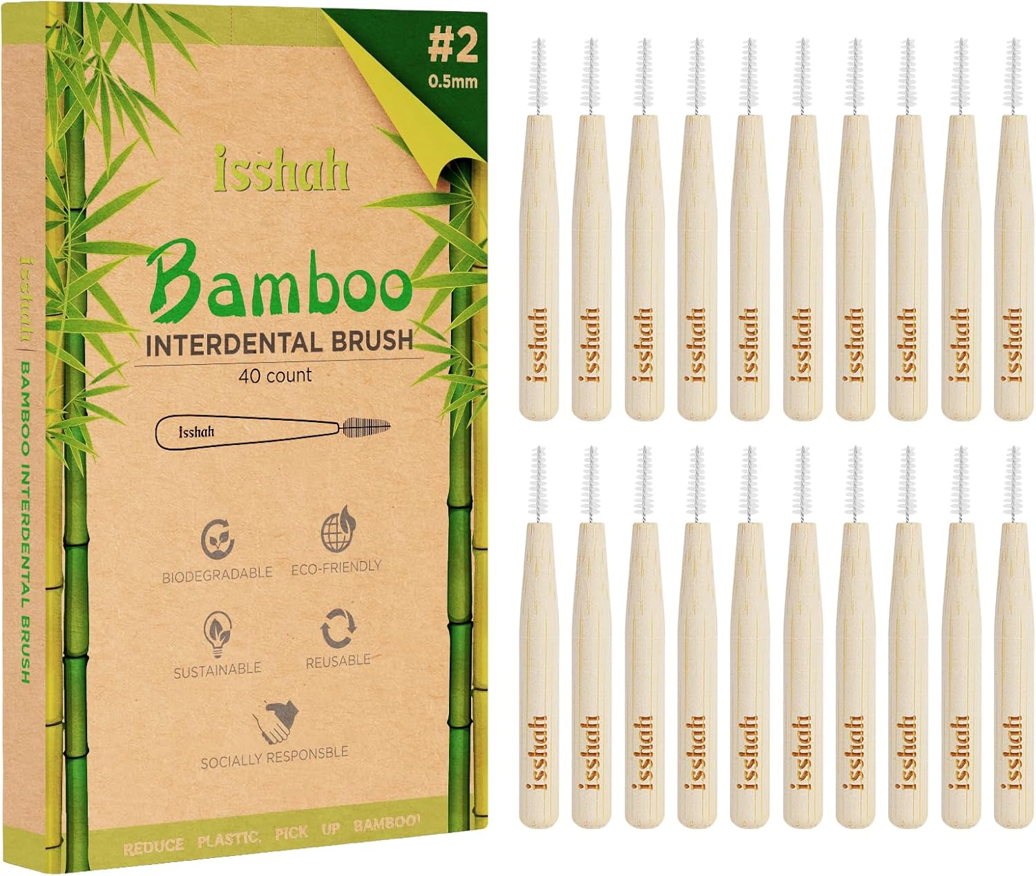 Biodegradable Bamboo Handle Interdental Brushes Between Teeth Cleaner Deep Clean Toothpick, FSC Certified and PETA Approved, Size 2 (0.5mm), 40 Count - Image 1