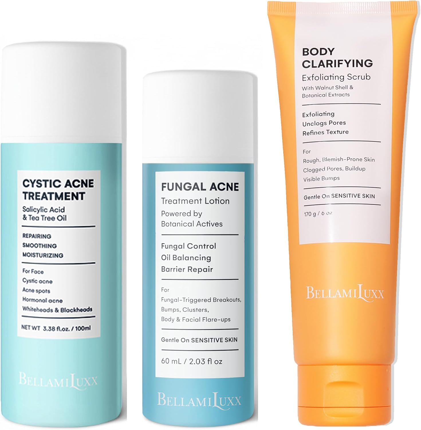 BellamiLuxx Cystic and Fungal Acne Care System front view showing three-step treatment bottles.
