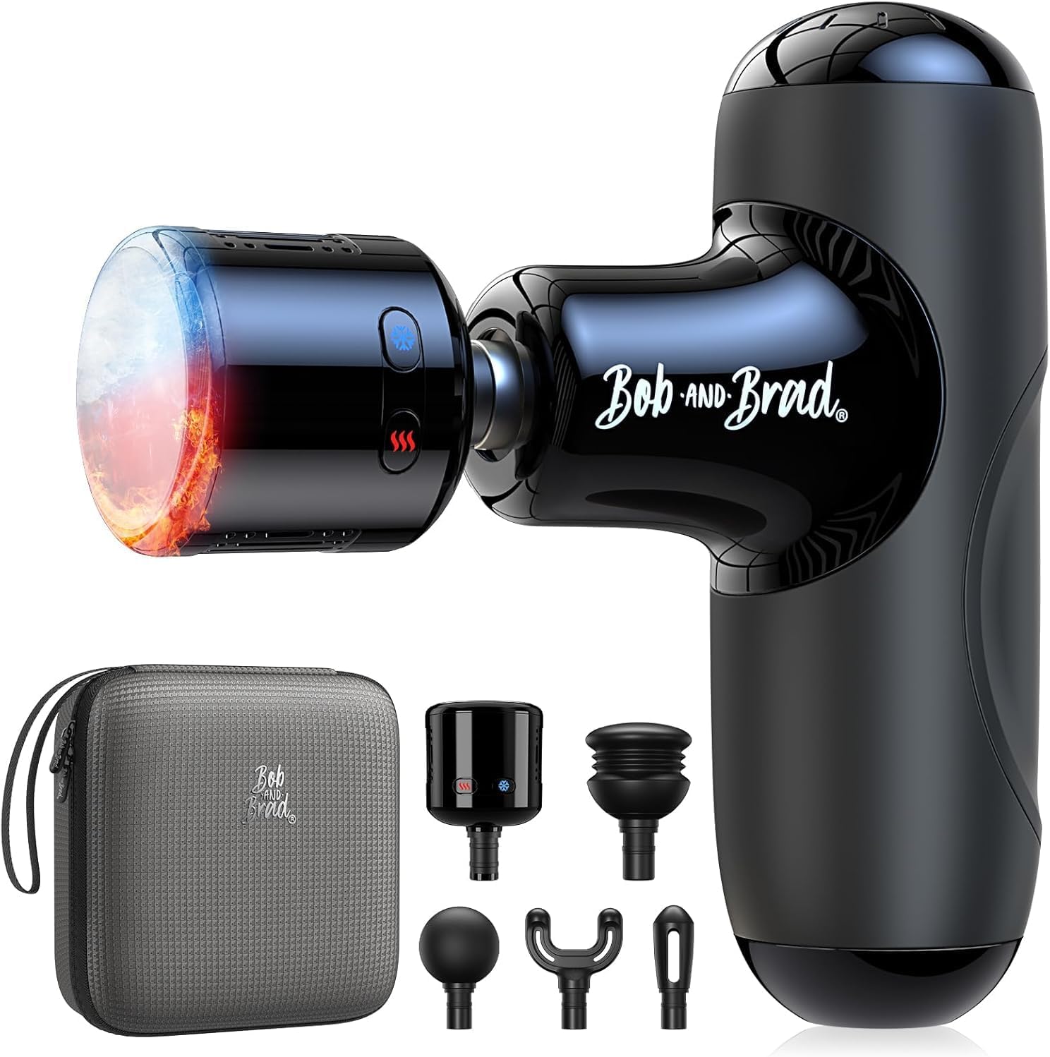 Bob and Brad Q2 Pro mini massage gun front view showcasing compact premium black body design
