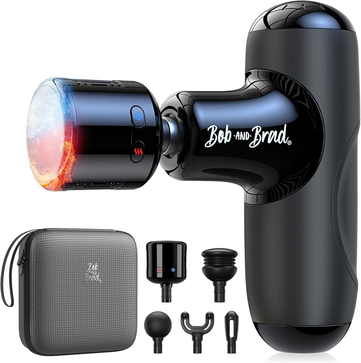 Bob and Brad Q2 Pro mini massage gun front view showcasing compact premium black body design