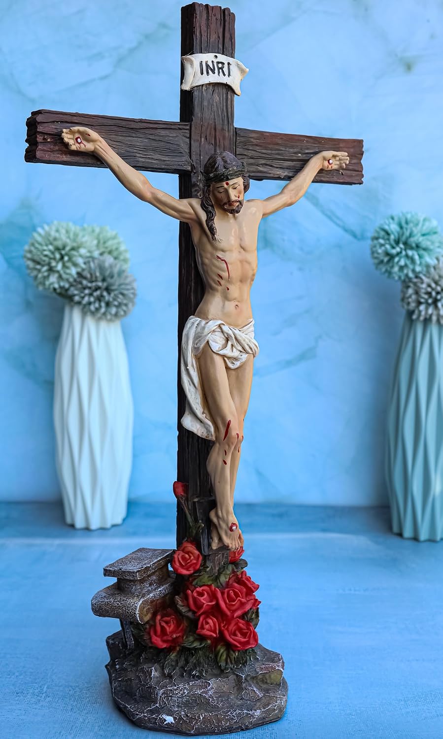 Ebros INRI Jesus Christ Crucified On The Cross With Solemn Rose of Sharon Base Decorative Crucifix Desktop Statue 15.25" Tall Christian Catholic Religious Inspirational Altar Table Figurine - Image 9