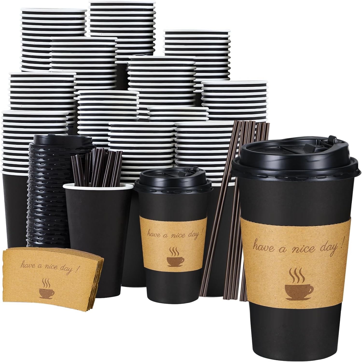 Lamosi 16 Ounce Disposable Coffee Cups front view showing black corrugated texture.
