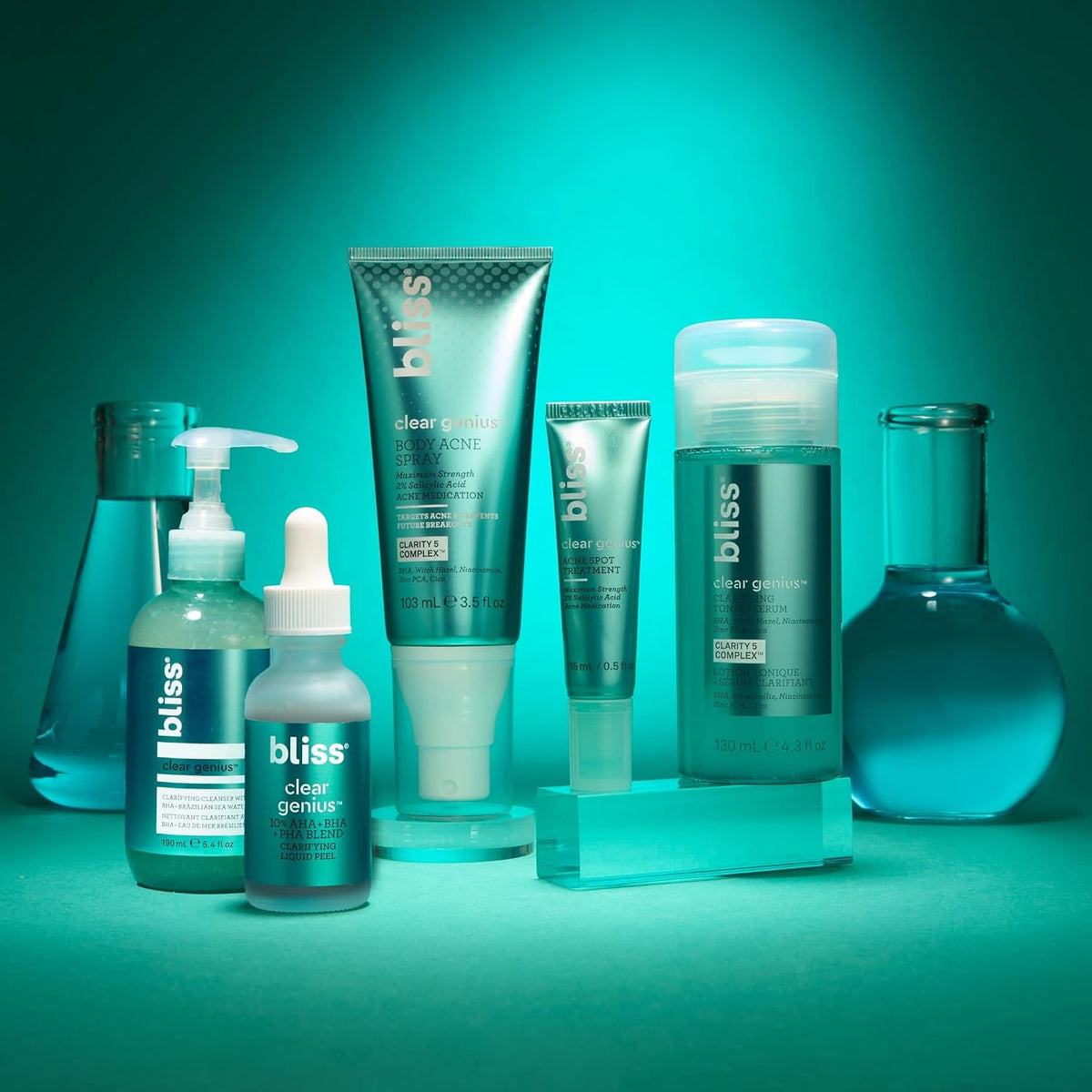 Bliss Clear Genius Clarifying Toner Serum bottle with cotton pad