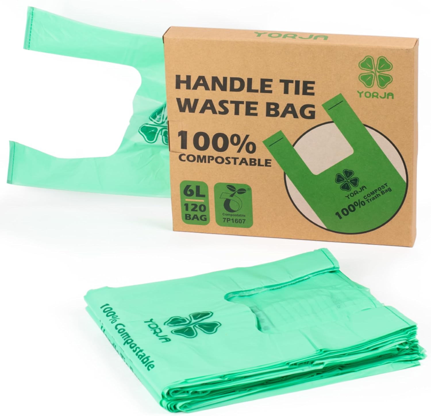 YORJA tie handle compostable trash bags front view retail box layout