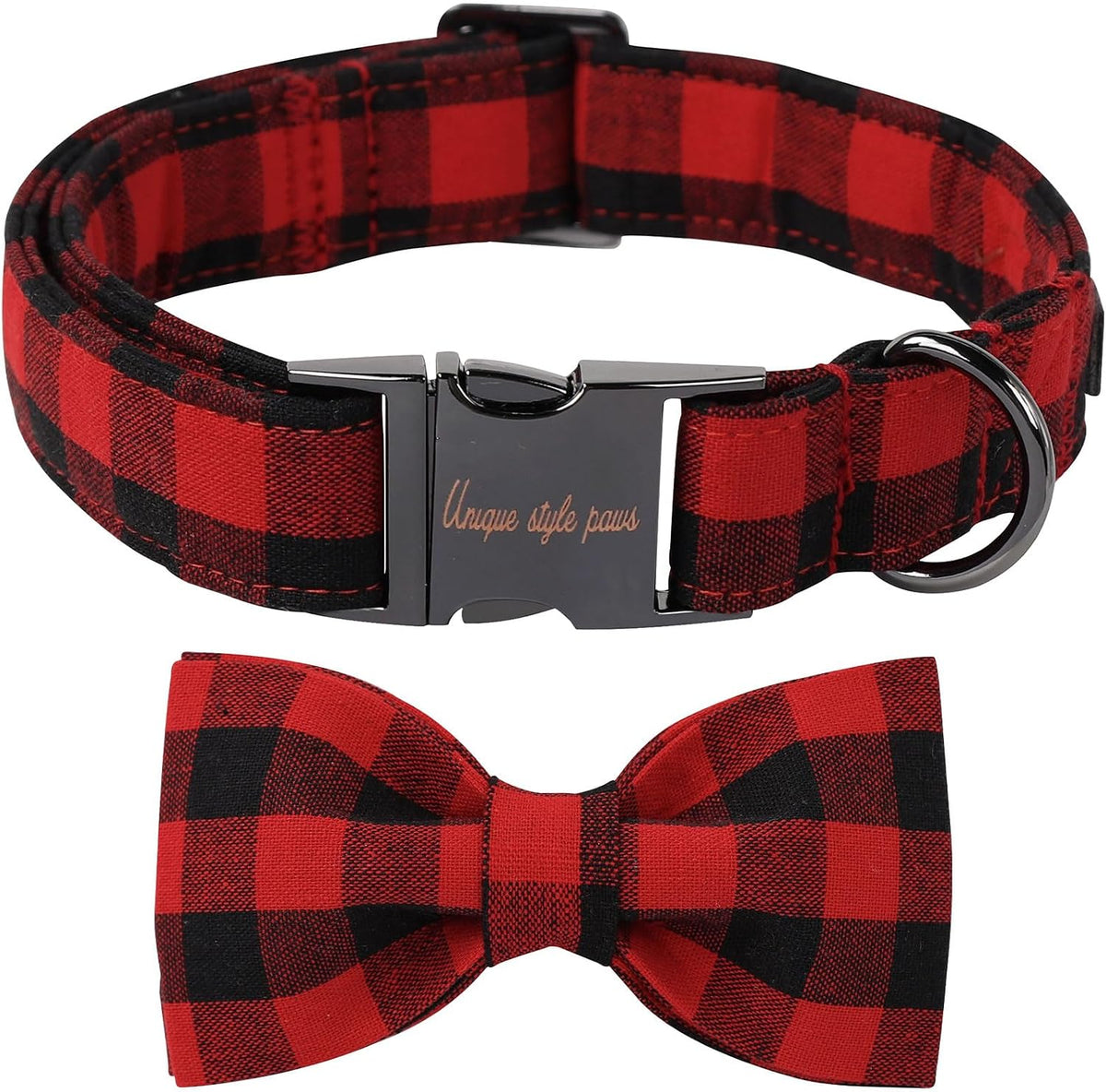 Unique Style Paws cotton dog collar front view featuring red and black plaid design.